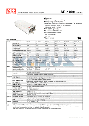 SE-1000-15 datasheet - 1000W Single Output Power Supply