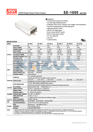 SE-1000-15 datasheet - 1000W Single Output Power Supply