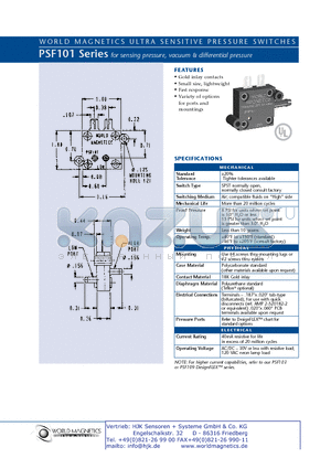 PSF101 datasheet - WORLD MAGNETICS ULTRA SENSITIVEPRESSURESWITCHES