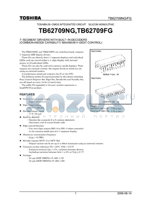 TB62709NG datasheet - 7−SEGMENT DRIVERS WITH BUILT−IN DECODERS (COMMON ANODE CAPABILITY, MAXIMUM 4−DIGIT CONTROL)