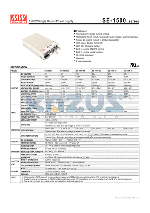 SE-1500-15 datasheet - 1500W Single Output Power Supply