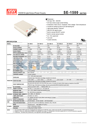 SE-1500-15 datasheet - 1500W Single Output Power Supply