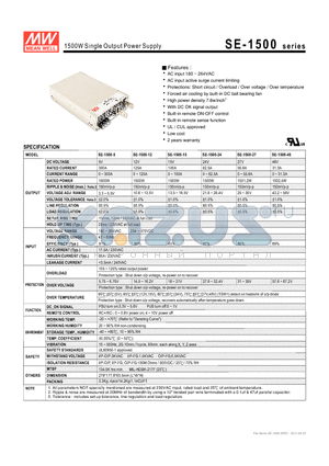 SE-1500-15 datasheet - 1500W Single Output Power Supply