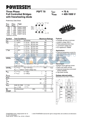 PSFT70 datasheet - Three Phase Full Controlled Bridges with freewheeling diode