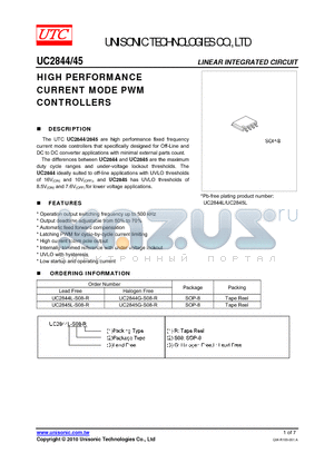 UC2844/45 datasheet - HIGH PERFORMANCE CURRENT MODE PWM CONTROLLERS