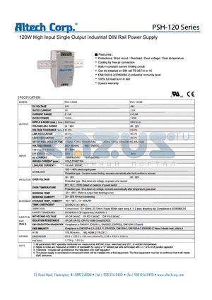 PSH-12048 datasheet - 120W High Input Single Output Industrial DIN Rail Power Supply