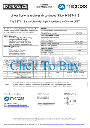SST4118_SOT-23 datasheet - an Ultra-High Input Impedance N-Channel JFET