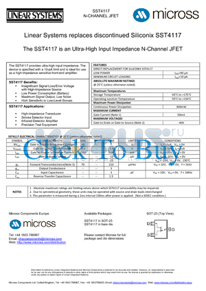 SST4117_SOT-23 datasheet - an Ultra-High Input Impedance N-Channel JFET