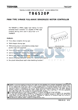 TB6520P datasheet - PWM TYPE 3-PHASE FULL-WAVE SENSORSESS MOTOR CONTROLLER