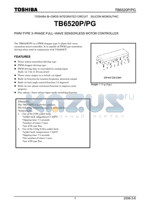 TB6520P datasheet - PWM TYPE 3−PHASE FULL−WAVE SENSORLESS MOTOR CONTROLLER