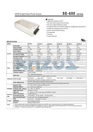 SE-600-12 datasheet - 600W Single Output Power Supply