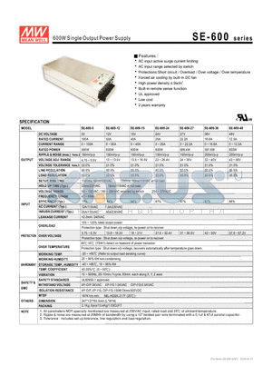 SE-600-12 datasheet - 600W Single Output Power Supply