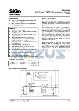 SE1010W datasheet - LightChargerTM 622 Mb/s Transimpedance Amplifier Final