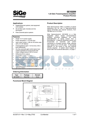 SE1020W datasheet - 1.25 Gb/s Transimpedance Amplifier Product Preview