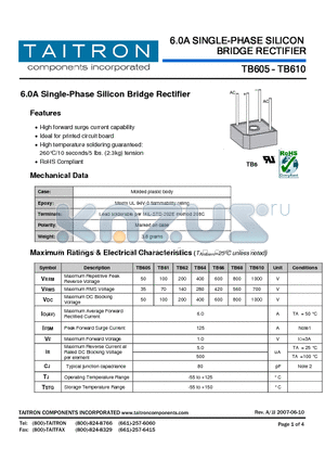 TB68 datasheet - 6.0A Single-Phase Silicon Bridge Rectifier