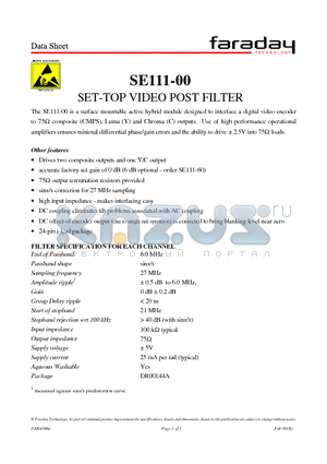 SE111-00 datasheet - SET-TOP VIDEO POST FILTER