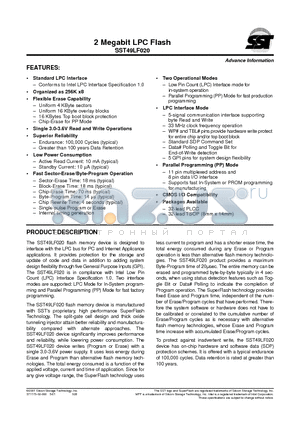 SST49LF020-33-4C-WH datasheet - 2 Megabit LPC Flash