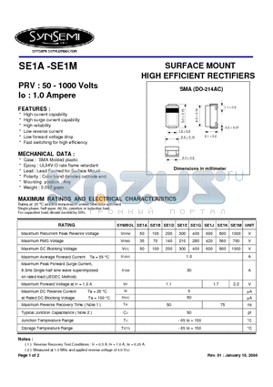 SE1D datasheet - SURFACE MOUNT HIGH EFFICIENT RECTIFIERS