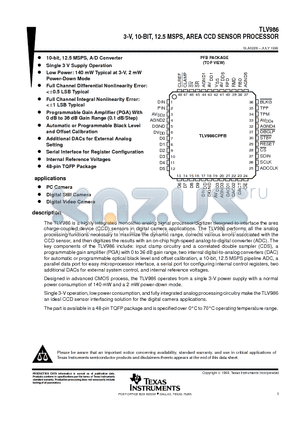 TLV986PFB datasheet - 3-V, 10-BIT, 12.5 MSPS, AREA CCD SENSOR PROCESSOR