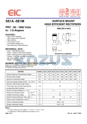 SE1M datasheet - SURFACE MOUNT HIGH EFFICIENT RECTIFIERS