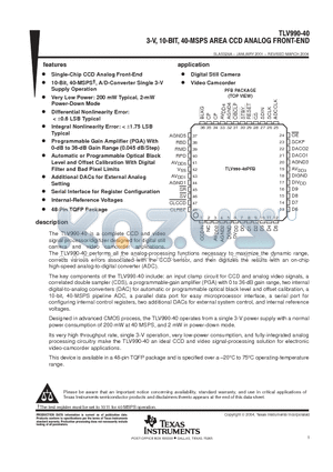 TLV990-40 datasheet - 3-V, 10-BIT, 40-MSPS AREA CCD ANALOG FRONT-END