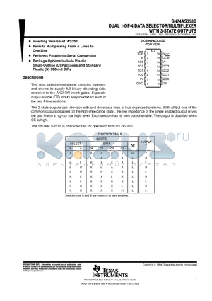 SN74AS353BDR datasheet - DUAL 1-OF-4 DATA SELECTOR/MULTIPLEXER WITH 3-STATE OUTPUTS