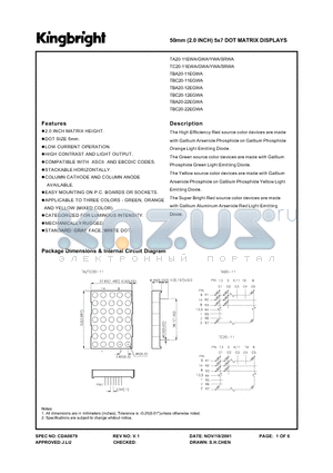 TBA20-22EGWA datasheet - 50MM (2.0 INCH) 5 X 7 DOT MATRIX DISPLAYS