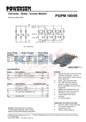 PSIPM100/06 datasheet - Converter - Brake - Inverter Module