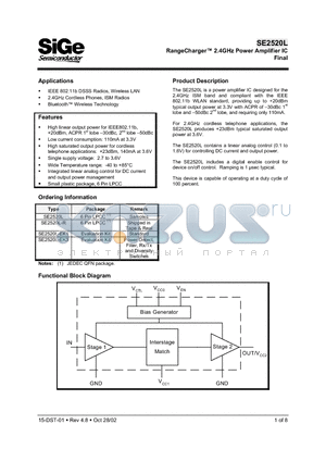 SE2520L datasheet - RangeCharger 2.4GHz Power Amplifier IC Final