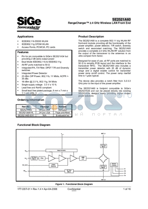 SE2521A60 datasheet - RangeCharger 2.4 GHz Wireless LAN Front End