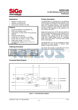 SE2521A80 datasheet - 2.4 GHz Wireless LAN Front End Preliminary