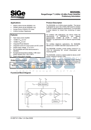SE2522BL datasheet - RangeCharger 2.4GHz 23 dBm Power Amplifier Preliminary Information