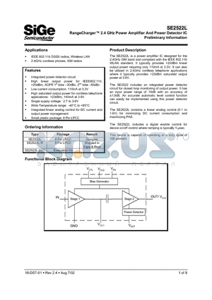 SE2522L datasheet - RangeCharger 2.4 GHz Power Amplifier And Power Detector IC Preliminary Information