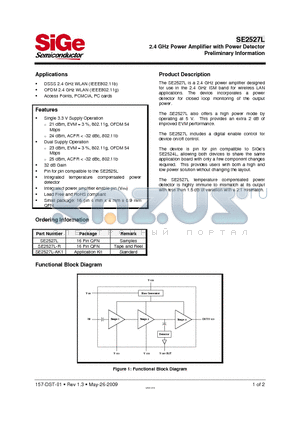 SE2527L-R datasheet - 2.4 GHz Power Amplifier with Power Detector Preliminary Information