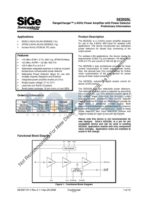 SE2525L datasheet - RangeCharger 2.4GHz Power Amplifier with Power Detector Preliminary Information