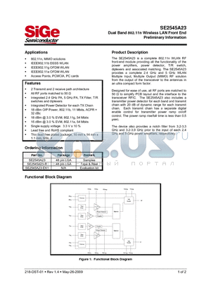 SE2545A23-EK1 datasheet - Dual Band 802.11n Wireless LAN Front End Preliminary Information