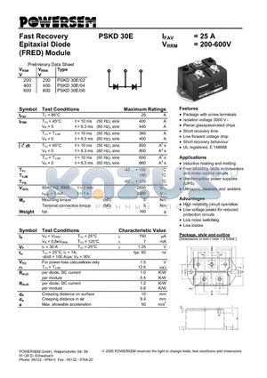 PSKD30E-06 datasheet - Fast Recovery Epitaxial Diode (FRED) Module
