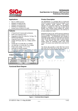 SE2545A30-EK1 datasheet - Dual Band 802.11n Wireless LAN Front End Preliminary Information