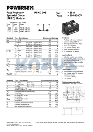 PSKD30E-12 datasheet - Fast Recovery Epitaxial Diode (FRED) Module