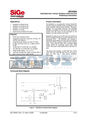 SE2548A-EK1 datasheet - Dual Band 802.11a/b/g/n Wireless LAN Front End Preliminary Information