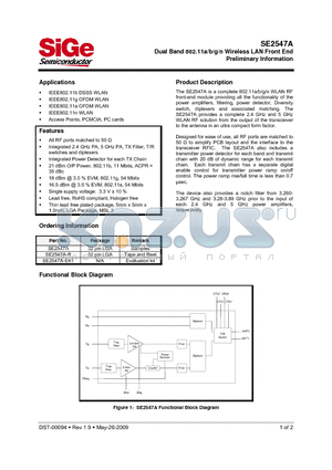 SE2547A datasheet - Dual Band 802.11a/b/g/n Wireless LAN Front End Preliminary Information