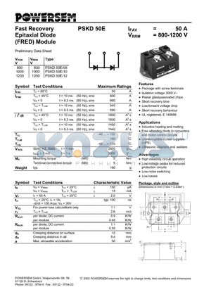 PSKD50E-12 datasheet - Fast Recovery Epitaxial Diode (FRED) Module