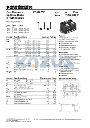 PSKD75E-06 datasheet - Fast Recovery Epitaxial Diode (FRED) Module