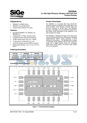SE2564L datasheet - 2.4 GHz High Efficiency Wireless LAN Front End Product Preview