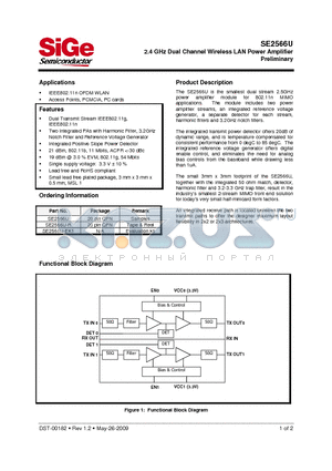 SE2566U-EK1 datasheet - 2.4 GHz Dual Channel Wireless LAN Power Amplifier Preliminary
