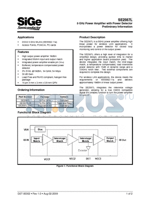 SE2567L-EK1 datasheet - 5 GHz Power Amplifier with Power Detector Preliminary Information