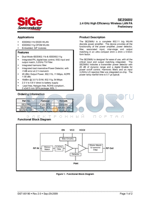 SE2568U datasheet - 2.4 GHz High Efficiency Wireless LAN PA Preliminary