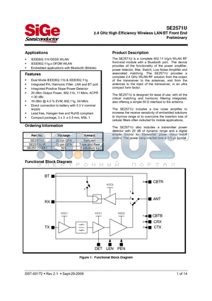 SE2571U datasheet - 2.4 GHz High Efficiency Wireless LAN/BT Front End Preliminary