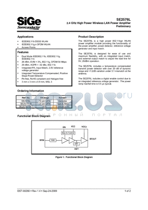 SE2576L datasheet - 2.4 GHz High Power Wireless LAN Power Amplifier Preliminary