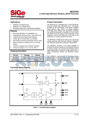 SE2579U-R datasheet - 2.4 GHz High Efficiency Wireless LAN/BT Front End